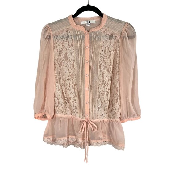 Retro Floral Lace Top L Pink Sheer Peplum Coquette Feminine Boho Indie Folk 80s - Picture 1 of 10